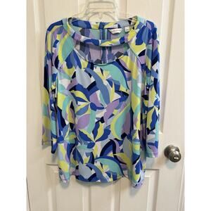 Susan Graver XL 3/4 Sleeve Top With Cut Out At Neck Blue Green Preowned